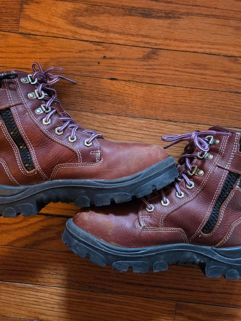 Steel Blue Women's Lace-Up Brown Leather Boots with Purple Laces